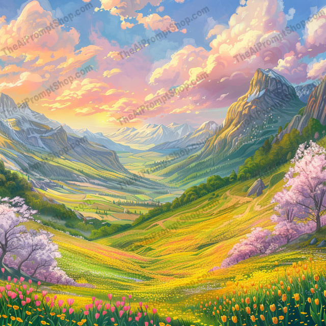 Vibrant Sunset Over Meadows AI MidJourney Image Prompt, 9305 Landscapes & Paintings, midjourney, landscape, sunset, meadows, sunflowers, tulips, greenery, vibrant sky, orange sky, pink sky, purple sky, serene, nature, scenery, beautiful, captivating, rolling hills, flowers, sunny day, warm colors, peaceful, Midjourney, Ai, Ai Image Prompt, Image Prompt, Prompt
