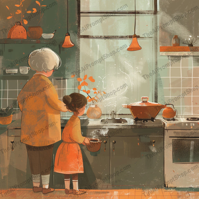 AI MidJourney Image Prompt, Culinary Bonds Series, 4950chat gpt, chat gpt prompts, chatgpt, chatgpt prompts, Family cooking time, Flavorful memories, Generational recipes, Heirloom traditions, Homely ambiance, Intimate home life, Kitchen stories, midjourney, Preparation of meals, Rustic kitchen charm, Storybook Illustrations, Warm culinary moments