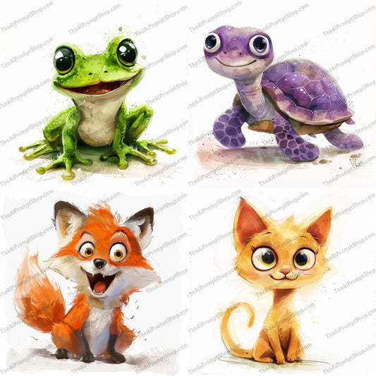 Cute Animals Art AI MidJourney Image Prompt, 9288 Animals, midjourney, cute, animals, frog, turtle, fox, cat, whimsical, art, vibrant, playful, charming, illustration, adorable, cartoonish, character, personality, colorful, digital art, friendly, joyful, Midjourney, Ai, Ai Image Prompt, Image Prompt, Prompt