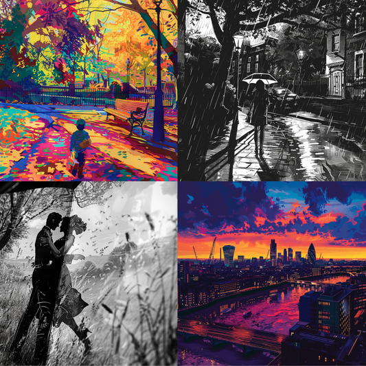 AI MidJourney Image Prompt, Urban Contrast, 4929chat gpt, chat gpt prompts, chatgpt, chatgpt prompts, City at dusk, Colorful abstraction, Expressive brushwork, High contrast, midjourney, Monochromatic urban life, Rain-soaked streets, Romantic silhouettes, Seasonal changes, Storybook Illustrations, Streetlight glow, Vibrant fall foliage