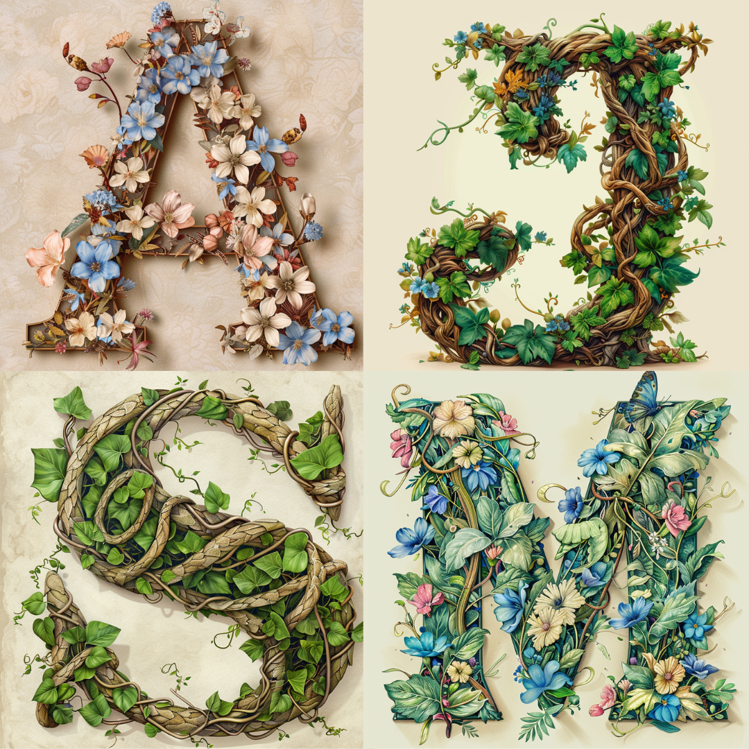AI MidJourney Image Prompt, Alphabet of Nature, 4488anime, Artistic alphabet, Blossom and bloom letters, Botanical letters, chat gpt, chat gpt prompts, chatgpt, chatgpt prompts, Decorative floral design, Floral monogram, Floral typography, Florals, Garden-inspired typeface, Ivy lettering, Leafy characters, midjourney, Nature-inspired alphabet, Vine illustrations