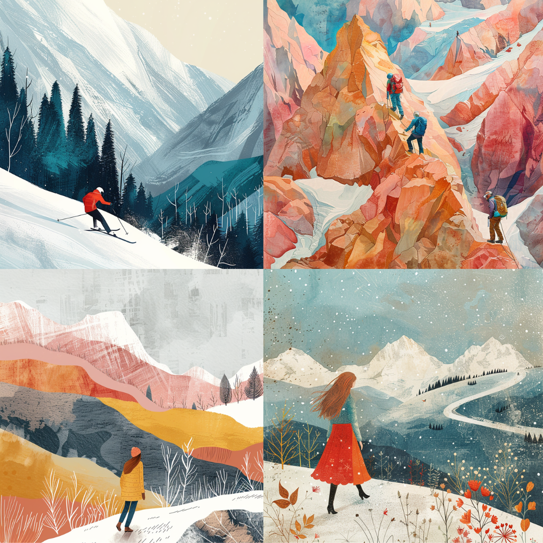 Alpine adventures illustration in a storybook style created from an AI image prompt.