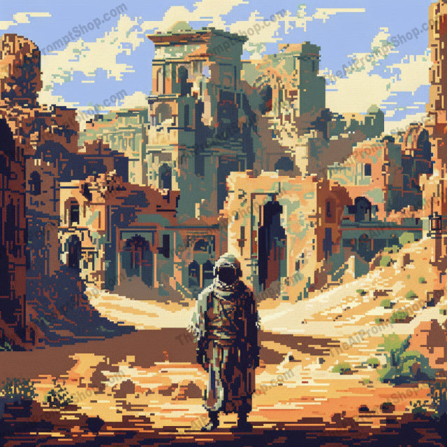 Explorer's Journey Pixel Art AI MidJourney Image Prompt, 82288-bit art, adventure, adventurous settings, ancient ruins, artisticmidjourney, astronaut, detailed pixels, explorer, icy mountain, jungle, nostalgic journey, pixel art, retro, space, unique, vibrant colors, video game art, vintage style, wildlife