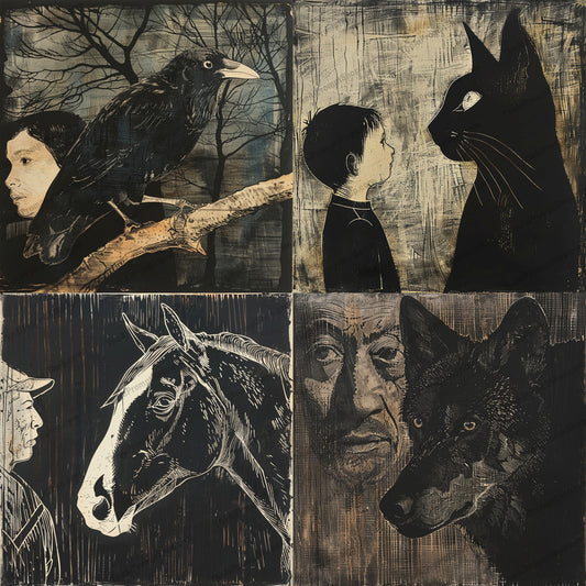 Dramatic Animal Illustrations AI MidJourney Image Prompt, 8962 Animals, midjourney, dramatic, art, illustrations, animals, dark, moody, textured, evocative, raven, cat, wolf, horse, detailed, intense, nature, woodcut, hand-drawn, creative, artistic, decor, Midjourney, Ai, Ai Image Prompt, Image Prompt, Prompt