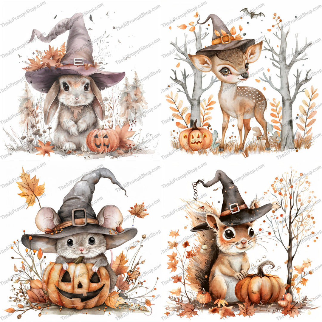 Cute Woodland Animals in Witch Hats AI MidJourney Image Prompt, 8995 Animals, midjourney, woodland animals, witch hats, autumn, pumpkins, cute animals, fall season, forest creatures, magical, whimsical, illustration, bunny, deer, mouse, squirrel, witchy, festive, Halloween, animal art, adorable, fantasy, Midjourney, Ai, Ai Image Prompt, Image Prompt, Prompt