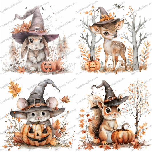 Cute Woodland Animals in Witch Hats AI MidJourney Image Prompt, 8995 Animals, midjourney, woodland animals, witch hats, autumn, pumpkins, cute animals, fall season, forest creatures, magical, whimsical, illustration, bunny, deer, mouse, squirrel, witchy, festive, Halloween, animal art, adorable, fantasy, Midjourney, Ai, Ai Image Prompt, Image Prompt, Prompt