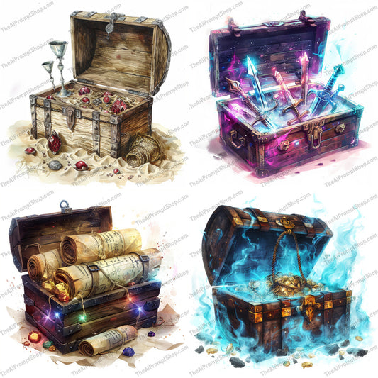 Magical Treasure Chests AI MidJourney Image Prompt, 8867 Character Art, midjourney, treasure chest, magical items, mystical artifacts, glowing jewels, enchanted chest, detailed illustration, fantasy art, magic, treasure, jewels, artifacts, mystical, enchanting, illustration, fantasy, intricate design, glowing objects, mystical chest, fantasy treasure, artistic rendering, Midjourney, Ai, Ai Image Prompt, Image Prompt, Prompt