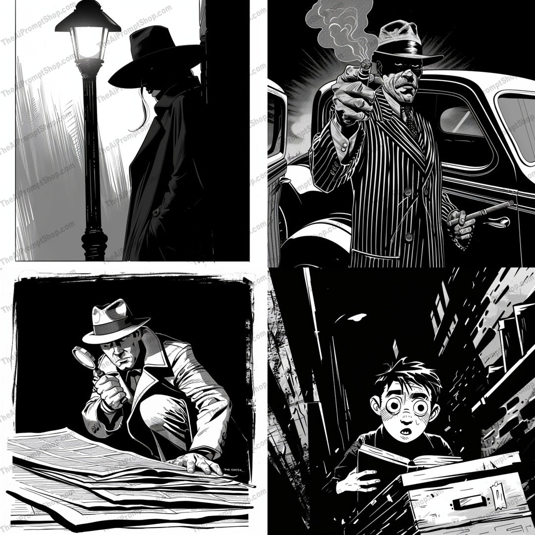 Noir Detective Illustration AI MidJourney Image Prompt, 8719 Animation & Cartoons, midjourney, noir, detective, black and white, illustration, vintage, crime fiction, mystery, drama, film noir, retro, classic, high contrast, suspense, shadow, hat, trench coat, cigarette, street lamp, newspaper, alley, Midjourney, Ai, Ai Image Prompt, Image Prompt, Prompt