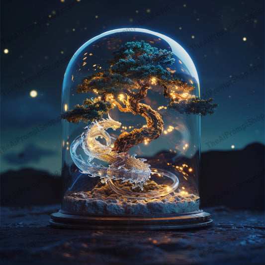 Enchanted Bonsai Tree Art AI MidJourney Image Prompt, 8894 Landscapes & Paintings, midjourney, bonsai, illuminated, glass dome, magical, whimsical, fantasy, serene, enchanted, tree art, glowing, tranquility, beautiful, miniature tree, ethereal, night scene, mystical, glowing tree, enchantment, nature, serenity, Midjourney, Ai, Ai Image Prompt, Image Prompt, Prompt