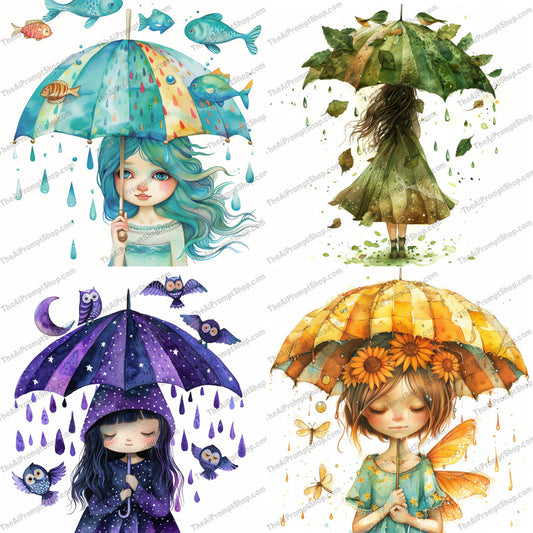 Whimsical Umbrella Girl Art AI MidJourney Image Prompt, 9440 Storybook Illustrations, midjourney, whimsical, umbrella, girl, storybook, illustration, fantasy, magic, enchanting, colorful, vibrant, imaginative, art, decor, design, creative, playful, unique, detailed, beautiful, charming, Midjourney, Ai, Ai Image Prompt, Image Prompt, Prompt