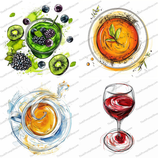 Artistic Beverage Illustrations AI MidJourney Image Prompt, 9529 Food, midjourney, art, illustration, beverage, drinks, tea, wine, juice, watercolor, creative, vibrant, refreshing, modern, kitchen, dining, decor, artwork, aesthetic, colorful, design, nature, Midjourney, Ai, Ai Image Prompt, Image Prompt, Prompt