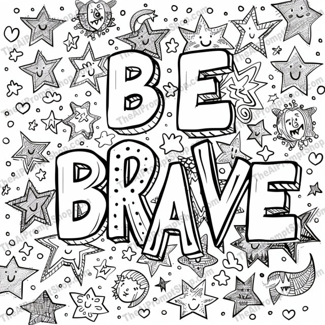 Inspirational Coloring Page AI MidJourney Image Prompt, 9357 Coloring Pages, midjourney, coloring page, inspirational quotes, black and white, doodles, Stay Happy, Dream Big, Be Brave, Love Always, flowers, stars, hearts, cute characters, uplifting, creative, DIY, craft, motivation, positive messages, art therapy, kids activity, Midjourney, Ai, Ai Image Prompt, Image Prompt, Prompt