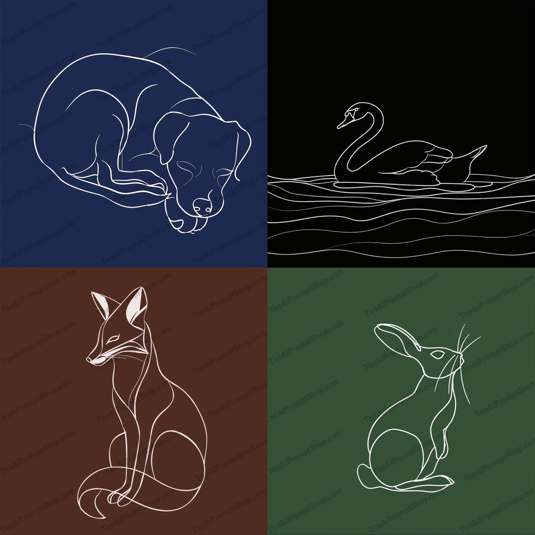 Minimalist Animal Line Art AI MidJourney Image Prompt, 8819 Animals, midjourney, minimalist, line art, animal, dog, swan, fox, rabbit, outline, simple, elegant, art, design, contrast, background colors, essence, visual appeal, decor, modern, stylish, contemporary, creative, Midjourney, Ai, Ai Image Prompt, Image Prompt, Prompt