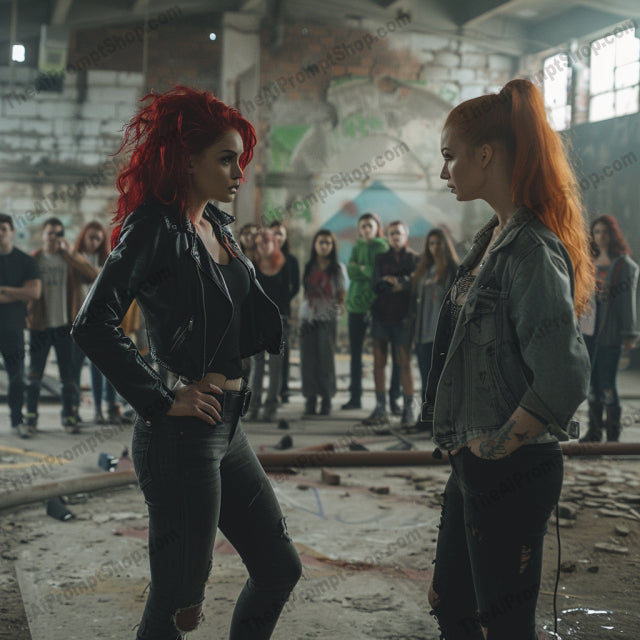 Intense Staredown AI MidJourney Image Prompt, 9673 Character Art, midjourney, intense, staredown, urban, face-off, tension, crowd, industrial, drama, emotions, gritty, backdrop, scene, showdown, urban setting, fashion, style, attitude, posture, streetwear, dramatic, Midjourney, Ai, Ai Image Prompt, Image Prompt, Prompt