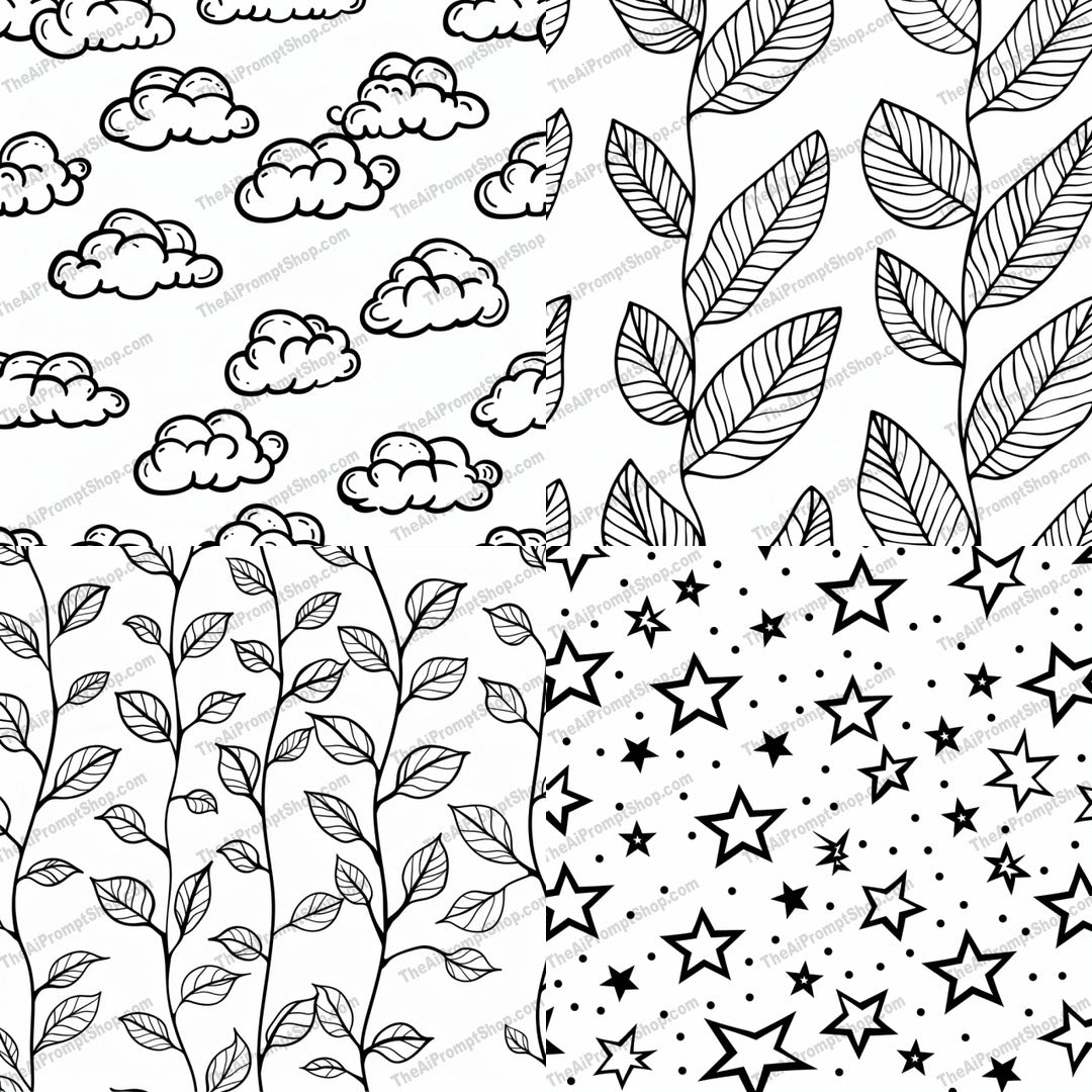 Black and White Pattern Designs AI MidJourney Image Prompt, 8716 Patterns & Wallpapers, midjourney, black and white, illustration, pattern, clouds, leaves, stars, coloring, art, design, abstract, minimalist, nature, sky, botanical, floral, doodle, line art, simple, elegant, decorative, Midjourney, Ai, Ai Image Prompt, Image Prompt, Prompt