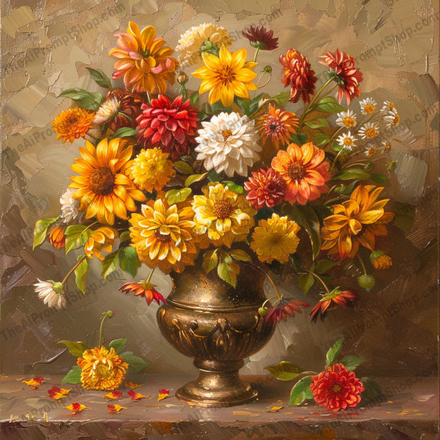 Exquisite Floral Still Life AI MidJourney Image Prompt, 8351Ai, Ai Image Prompt, art, art piece, beautiful, blossoms, botanical, classical, decor, detailed, elegant, floral, Florals, flowers, Image Prompt, intricate, midjourney, muted tones, nature, painting, Prompt, rich colors, still life, textured, vase, vibrant