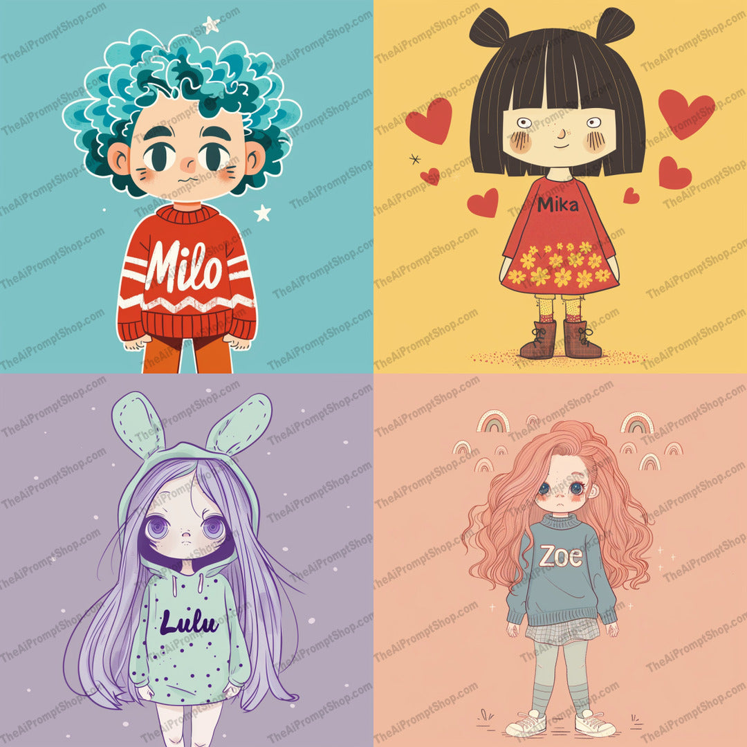 Cute Character Illustrations AI MidJourney Image Prompt, 8905 Character Art, midjourney, cute characters, whimsical art, children illustrations, playful design, storybook style, funny characters, happy kids, illustrative art, unique hairstyles, fashionable outfits, adorable faces, creative projects, kids art, digital illustrations, art for children, cartoon style, creative kids, cute designs, kids fashion, lovely characters, Midjourney, Ai, Ai Image Prompt, Image Prompt, Prompt