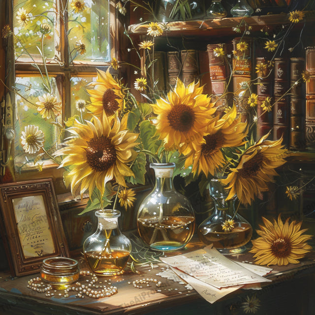 Ethereal Floral Potion Lab AI MidJourney Image Prompt, 9657 Fantasy, midjourney, ethereal, floral, potion, lab, magic, whimsical, enchanting, flowers, daisies, roses, sunflowers, vintage, books, mystical, lights, glass, bottles, fantasy, botanical, charming, Midjourney, Ai, Ai Image Prompt, Image Prompt, Prompt