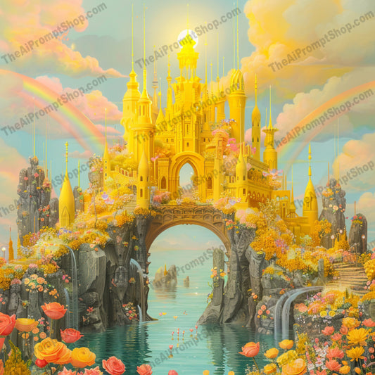 Fantasy Floral Castle AI MidJourney Image Prompt, 8358Ai, Ai Image Prompt, artwork, castle, charm, detailed, dreamy, enchanted, Fantasy, floral, gardens, Image Prompt, landscape, magic, majestic, meadows, midjourney, mountains, picturesque, Prompt, romantic, scenery, sky, vibrant, whimsical