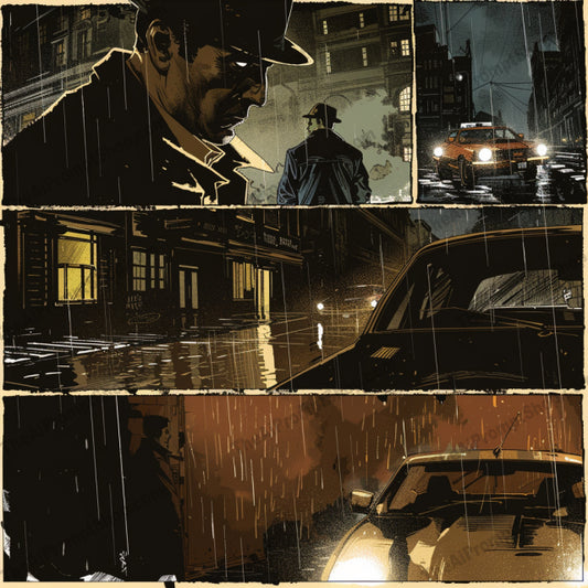 Stylized Noir and Retro Art AI MidJourney Image Prompt, 8427Ai, Ai Image Prompt, alleyway, Animation & Cartoons, car headlights, classic scenes, comic-style, dark cityscape, detective, diner, dramatic illustration, Image Prompt, midjourney, modern touch, mystery, noir, nostalgia, Prompt, rain-soaked streets, rainy night, retro, stylized art, superhero, urban night, vibrant colors, vintage aesthetic