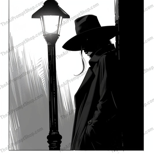 Noir Detective Illustration AI MidJourney Image Prompt, 8719 Animation & Cartoons, midjourney, noir, detective, black and white, illustration, vintage, crime fiction, mystery, drama, film noir, retro, classic, high contrast, suspense, shadow, hat, trench coat, cigarette, street lamp, newspaper, alley, Midjourney, Ai, Ai Image Prompt, Image Prompt, Prompt
