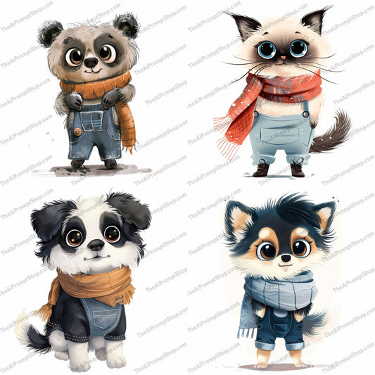 Cute Animals in Scarves and Overalls AI MidJourney Image Prompt, 9389 Storybook Illustrations, midjourney, cute animals, baby panda, cat illustration, puppy drawing, scarves, overalls, adorable pets, animal art, digital illustration, hand-drawn style, cozy outfits, warm color palette, animal lovers, character art, charming, illustration, pet fashion, stylish animals, winter wear, furry friends, Midjourney, Ai, Ai Image Prompt, Image Prompt, Prompt