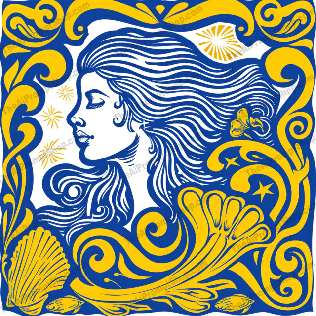Mythic Dreams AI MidJourney Image Prompt, 8007artistic illustration, blue and gold, celestial, cosmic, dragon, dreamlike, enchanting., ethereal, folklore, goddess, intricate, midjourney, moon, mystical, ornate, phoenix, stars, surreal, symbolic