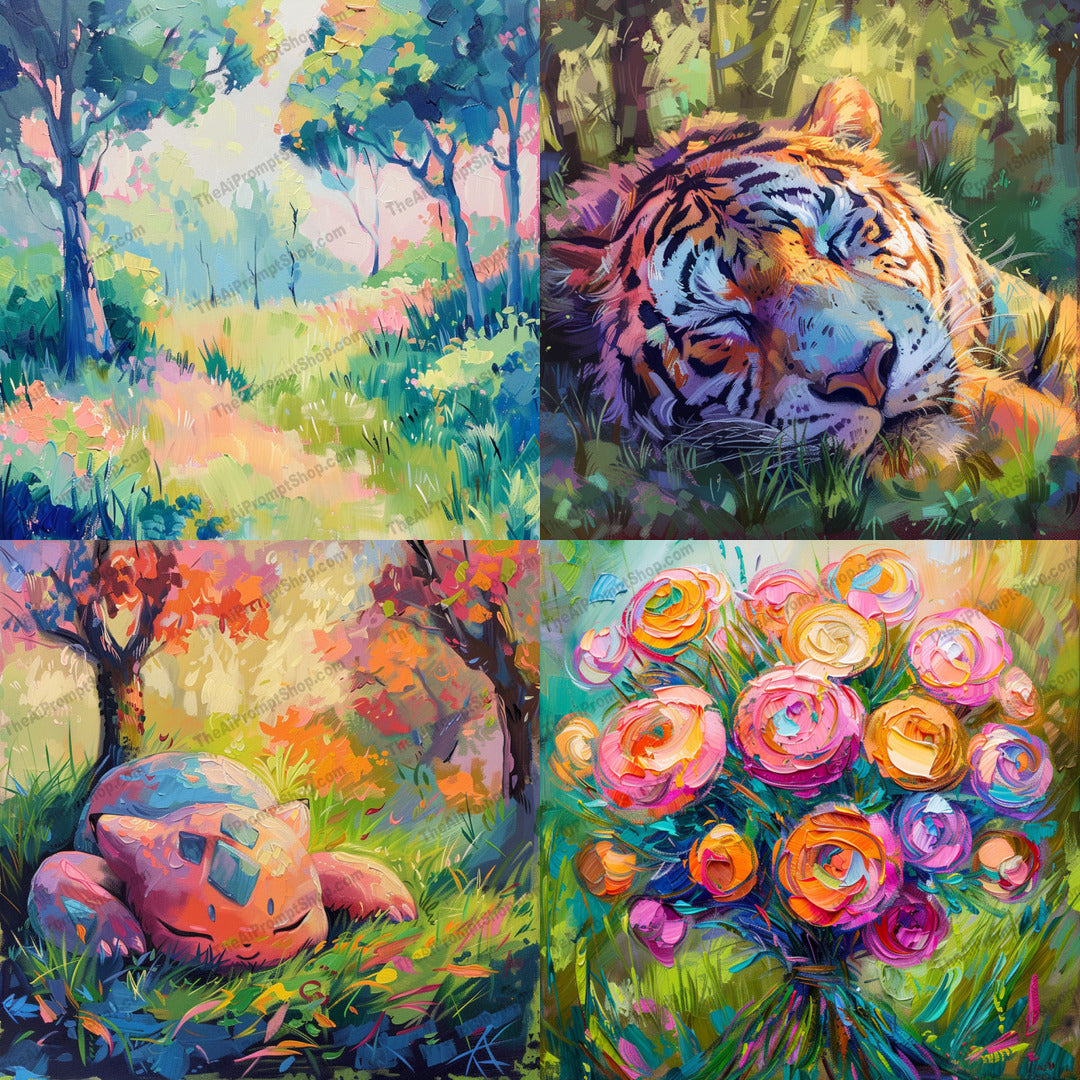 Vibrant Nature Scenes AI MidJourney Image Prompt, 8684 Landscapes & Paintings, midjourney, nature, colorful, painting, serene, forest, tiger, cute creature, impressionistic, flowers, bouquet, landscape, dreamy, vivid, wildlife, art, scenic, beautiful, vibrant, resting, animals, Midjourney, Ai, Ai Image Prompt, Image Prompt, Prompt