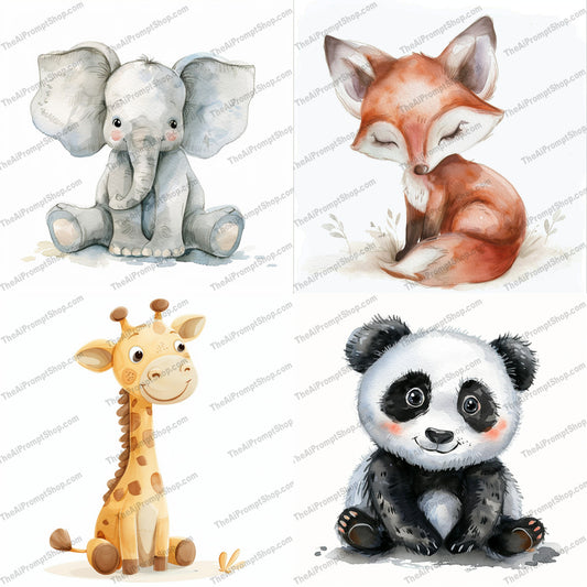 Cute Baby Animals AI MidJourney Image Prompt, 9405 Animals, midjourney, cute, baby, animal, illustration, whimsical, adorable, soft, charming, heartwarming, animal art, baby animal, cute animal, children's decor, nursery art, watercolor, hand-drawn, sweet, playful, artwork, childlike, Midjourney, Ai, Ai Image Prompt, Image Prompt, Prompt