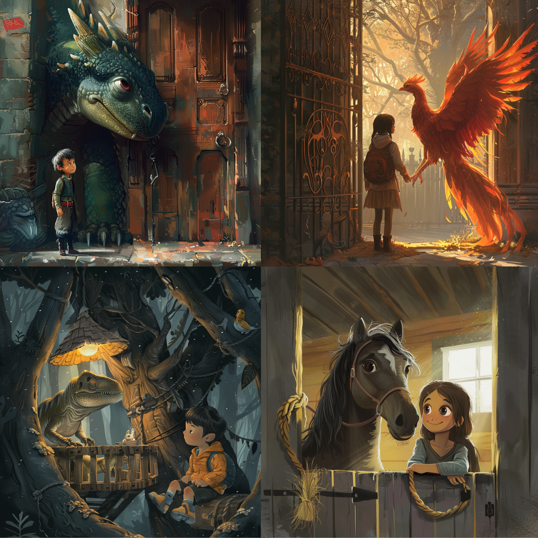 AI MidJourney Image Prompt, Mythical Companions, 4931antastic beasts, chat gpt, chat gpt prompts, chatgpt, chatgpt prompts, Childhood imagination, Enchanting gates, Enthralled youth, Hidden worlds, Legendary friendships, Luminous creatures, Magical realism, midjourney, Rustic charm, Storybook Illustrations, Twilight magic