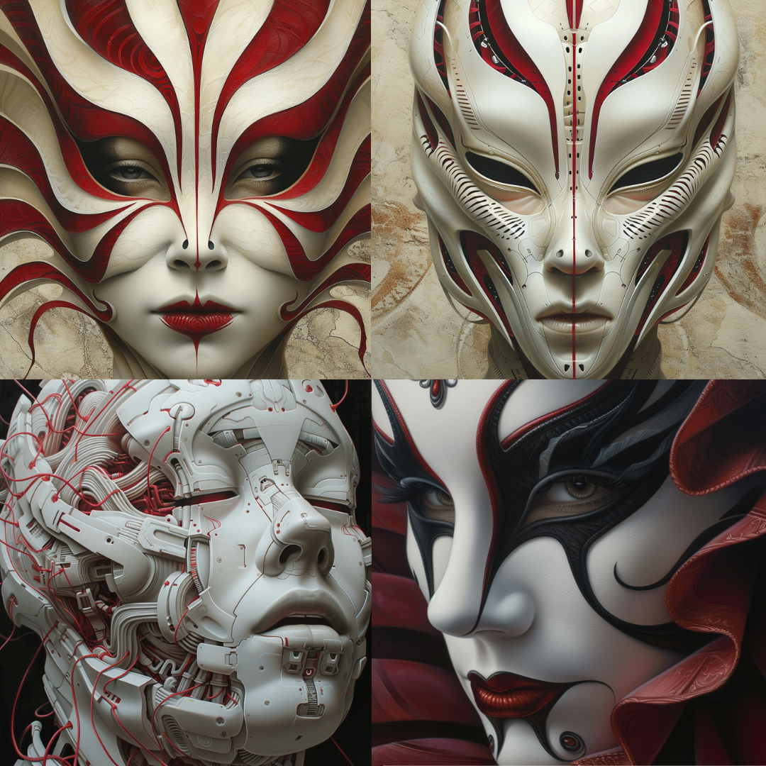 Synthetic Masquerade Elegance AI MidJourney Image Prompt, Character Art, 4179Artistic complexity, Biomechanical masks, chat gpt, chat gpt prompts, chatgpt, chatgpt prompts, Conceptual art, Dramatic contrasts, Futuristic elegance, Hyper-realistic art, Intricate patterns, Mechanical humanity, midjourney, Organic cybernetics, Ornamental designs, Red and white palette, Robotic aesthetics, Surreal portraiture, Symmetrical beauty, Technological fusion