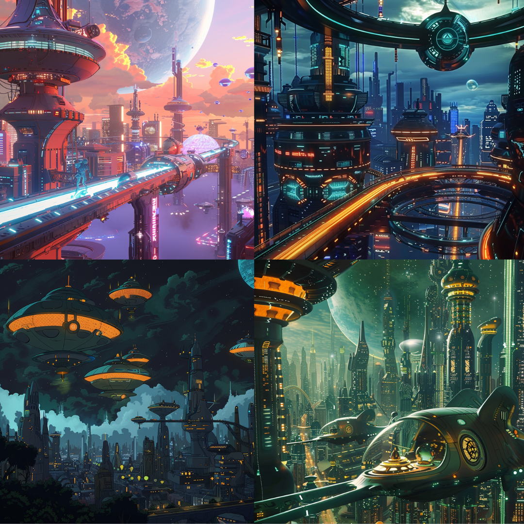 Futuristic metropolis dreamscape illustration in a cinematic style created from an AI image prompt.
