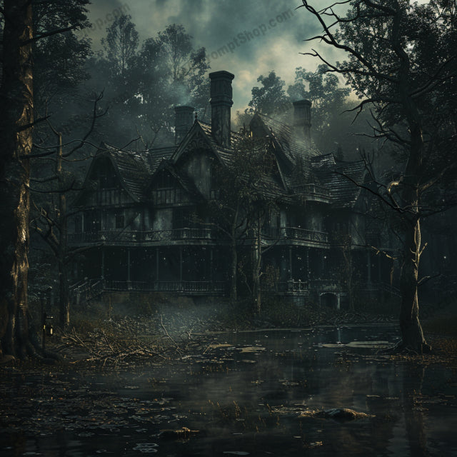 AI MidJourney Image Prompt, Whispers of the Forgotten Estate, 4855chat gpt, chat gpt prompts, chatgpt, chatgpt prompts, Cinematic horror scenes, Creepy estate, Dimly lit, Eerie nightscapes, Foggy environments, Forest-bound dwellings, Ghostly aura, Gothic mansions, Haunted house, Lost abodes, midjourney, Misty ambiance, Moody settings, Mysterious homesteads, Scary, Secluded cabins, Twilight mystery, Wilderness retreats