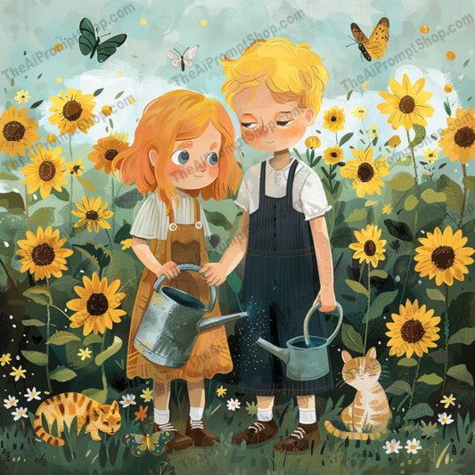 Whimsical Childhood Adventures AI MidJourney Image Prompt, 8403adventures, Ai, Ai Image Prompt, Animation & Cartoons, bikes, carefree, childhood, children, delight, enchanted, Image Prompt, imagination, joyful, midjourney, nature, nostalgia, outdoor, playful, Prompt, reading, scenery, sunflowers, treehouse, vibrant, watering, whimsical