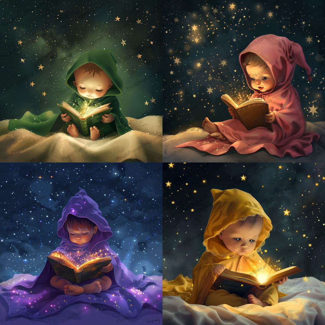 Magical Readers Under the Stars AI MidJourney Image Prompt, 9651 Storybook Illustrations, midjourney, magical, readers, stars, night sky, glowing book, cloak, hooded figure, enchantment, whimsical, fantasy, storybook, illustration, starlit, twinkling stars, reading, serenity, mystical, imagination, children, bedtime story, Midjourney, Ai, Ai Image Prompt, Image Prompt, Prompt