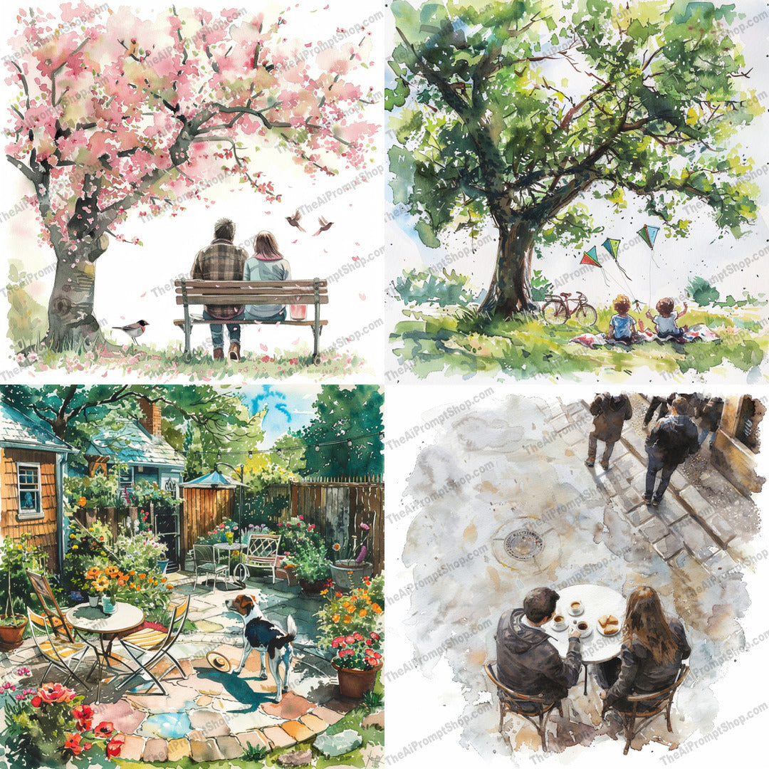 Serene Outdoor Moments AI MidJourney Image Prompt, 9341 Landscapes & Paintings, midjourney, watercolor, outdoor, nature, serene, peaceful, couples, friends, cherry blossom, tree shade, bicycles, gardens, relaxing, picnic, flowers, patio, conversation, birds, spring, summer, leisure, Midjourney, Ai, Ai Image Prompt, Image Prompt, Prompt