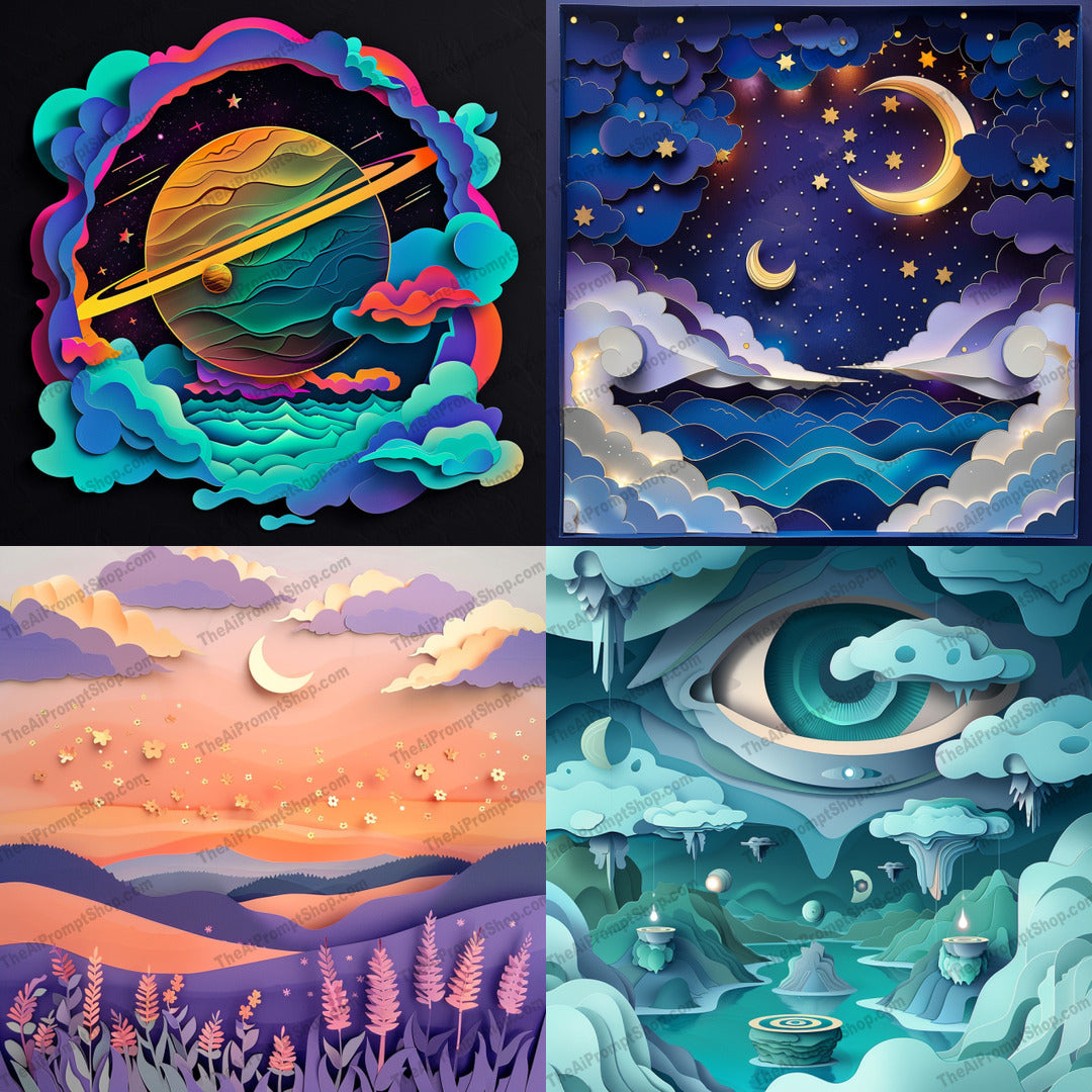 Dreamy Cosmic Landscape AI MidJourney Image Prompt, 8755 Fantasy, midjourney, cosmic, dreamy, surreal, fantasy, vibrant colors, space, nature, mystical, whimsical, abstract shapes, stars, planets, moons, clouds, eye, landscape, imagination, dreamscape, stellar, ethereal, paper art style, Midjourney, Ai, Ai Image Prompt, Image Prompt, Prompt