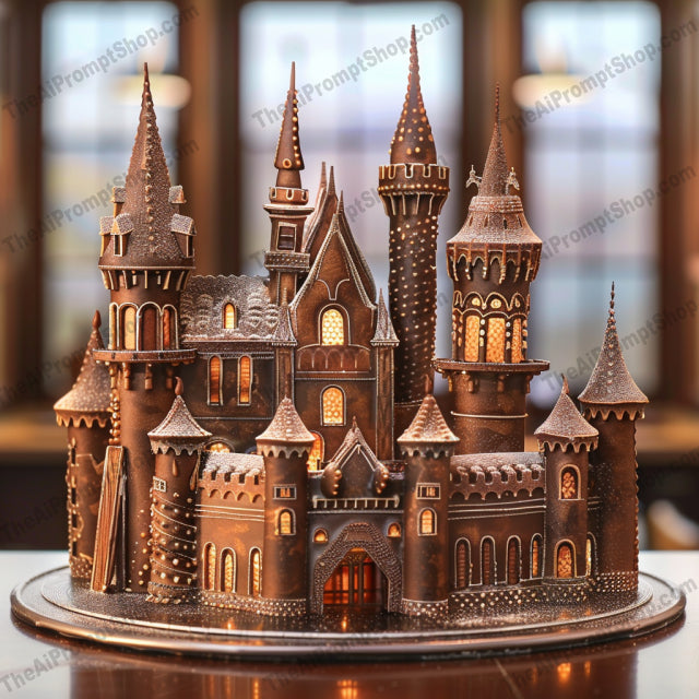 Luxurious Chocolate Artistry AI MidJourney Image Prompt, 8229box, castle, chocolate luxury art, craftsmanship, decorative, fondue fountain, high-end, intricate, jewels, lion sculpture, majestic, opulent texturesmidjourney, ornate, rich tones, warm tones