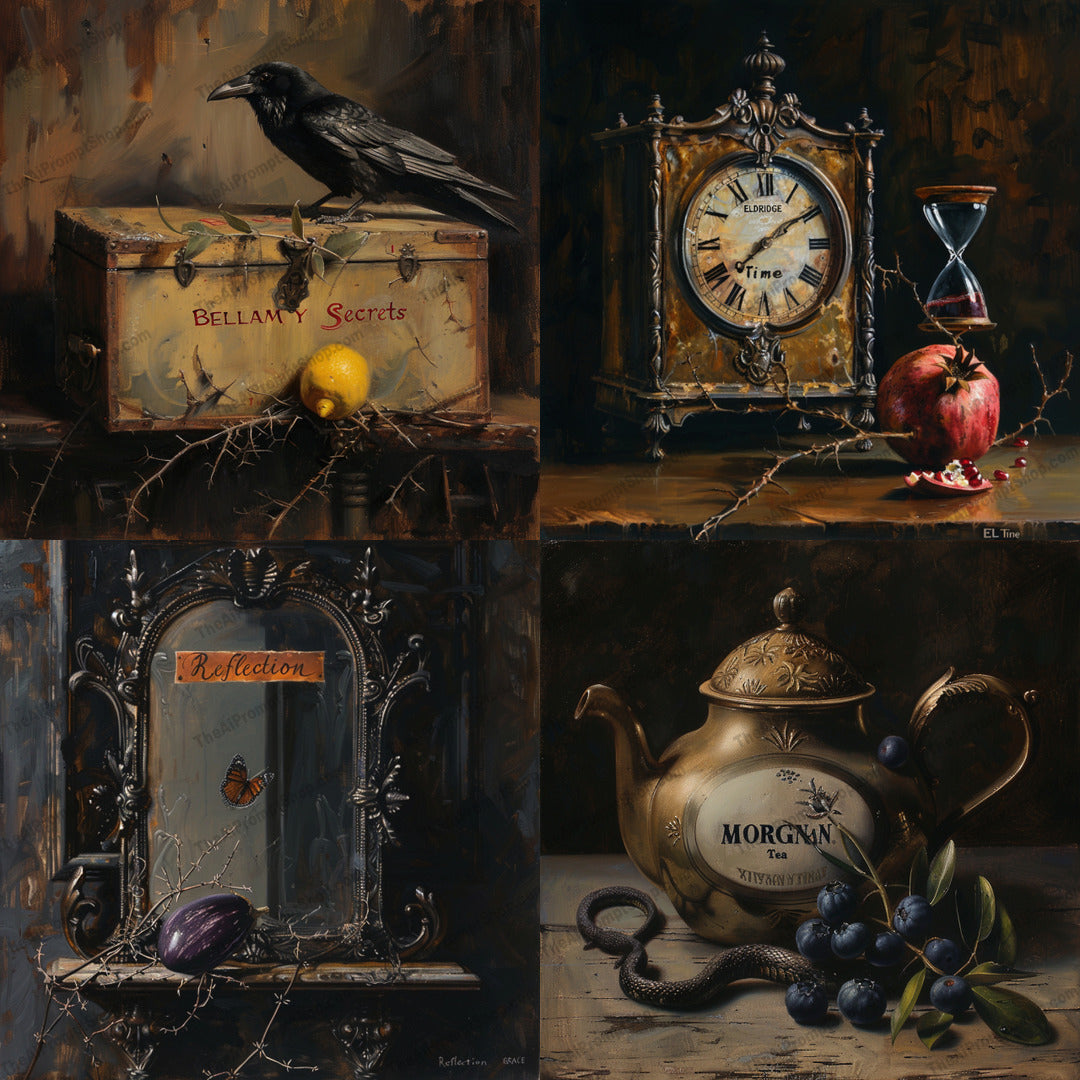 Vintage Still Life with Mysterious Objects AI MidJourney Image Prompt, 9669 Fantasy, midjourney, vintage, still life, mysterious, clock, teapot, crow, botanicals, dark, moody, artistic, intriguing, timeless, classic, old-fashioned, antique, fruits, branches, reflection, secrets, hourglass, butterfly, Midjourney, Ai, Ai Image Prompt, Image Prompt, Prompt