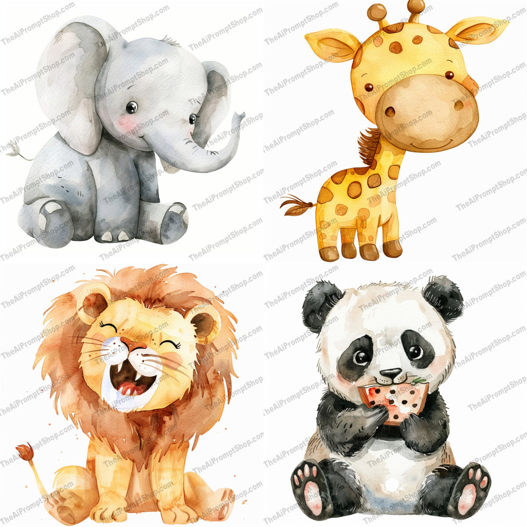 Cute Baby Animals AI MidJourney Image Prompt, 8669 Animals, midjourney, cute, baby animals, watercolor, elephant, giraffe, lion, panda, illustration, adorable, gentle colors, charming expressions, kids room decor, nursery art, animal art, children's illustration, soft colors, watercolor animals, cartoon animals, playful, sweet animals, Midjourney, Ai, Ai Image Prompt, Image Prompt, Prompt
