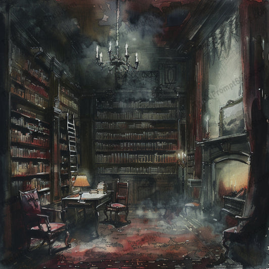 Atmospheric Vintage Library AI MidJourney Image Prompt, 9662 Storybook Illustrations, midjourney, vintage, library, atmospheric, books, chandeliers, wooden furniture, timeless, mystery, elegant, classic, ethereal, old books, antique, historic, study, interior design, warm lighting, reading room, sophisticated, book lover, Midjourney, Ai, Ai Image Prompt, Image Prompt, Prompt