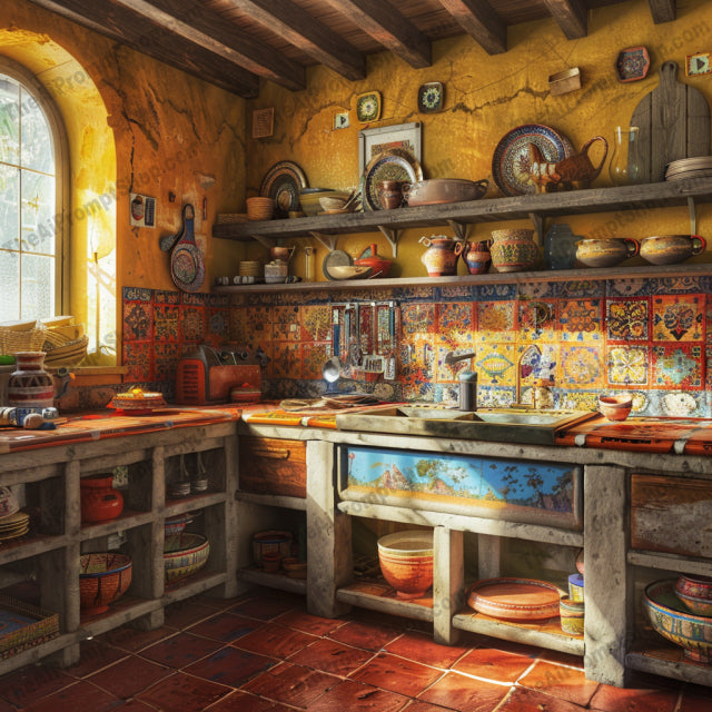 Rustic Mediterranean Kitchen AI MidJourney Image Prompt, 8658Ai, Ai Image Prompt, architecture, charming, countryside, cozy, culinary, decor, greenery, home, Image Prompt, interiors, inviting, kitchen, Landscapes & Paintings, Mediterranean, midjourney, old-fashioned, pottery, Prompt, quaint, rustic, tiled backsplash, vintage, warm, wooden beams