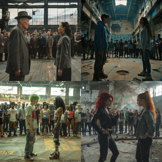 Intense Staredown AI MidJourney Image Prompt, 9673 Character Art, midjourney, intense, staredown, urban, face-off, tension, crowd, industrial, drama, emotions, gritty, backdrop, scene, showdown, urban setting, fashion, style, attitude, posture, streetwear, dramatic, Midjourney, Ai, Ai Image Prompt, Image Prompt, Prompt