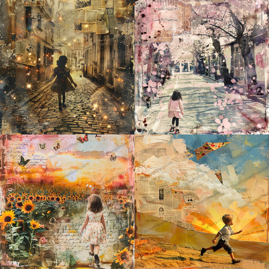 Children in Dreamy Landscapes AI MidJourney Image Prompt, 8871 Animals, midjourney, children, dreamy, landscapes, imaginative, whimsical, nostalgic, fantasy, artistic, vibrant, textured, overlays, walking, exploring, adventure, magic, light effects, collage, memory, innocence, playful, Midjourney, Ai, Ai Image Prompt, Image Prompt, Prompt