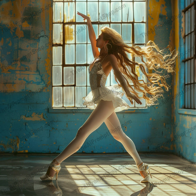 Elegant Ballet Dancer AI MidJourney Image Prompt, 9338 Portraits & People, midjourney, ballet, dancer, elegant, graceful, ballet pose, stage, light, shadow, dance, movement, performance, artistic, creative, theater, art, costume, fashion, tutu, pointed toes, ballet shoes, Midjourney, Ai, Ai Image Prompt, Image Prompt, Prompt