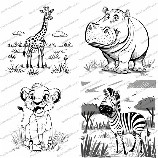 African Safari Animals AI MidJourney Image Prompt, 8738 Animals, midjourney, African animals, safari illustration, whimsical animals, cartoon giraffe, hippo drawing, lion cub art, zebra illustration, wildlife art, black and white, line art, kids illustration, animal characters, adorable animals, illustrated animals, safari art, cute animals, funny animals, children's art, safari animals black and white, animal cartoon, Midjourney, Ai, Ai Image Prompt, Image Prompt, Prompt