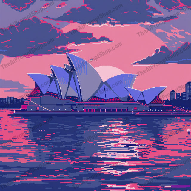 AI MidJourney Image Prompt, Pixelated Wonders at Dusk, 4712Architectural silhouette, chat gpt, chat gpt prompts, chatgpt, chatgpt prompts, Digital art, Dusk landscapes, Iconic landmarks, Landscapes, midjourney, Pixel art travel, Pixel cloudscape, Reflection in water, Retro gaming aesthetic, Sunset palette, Twilight cityscape