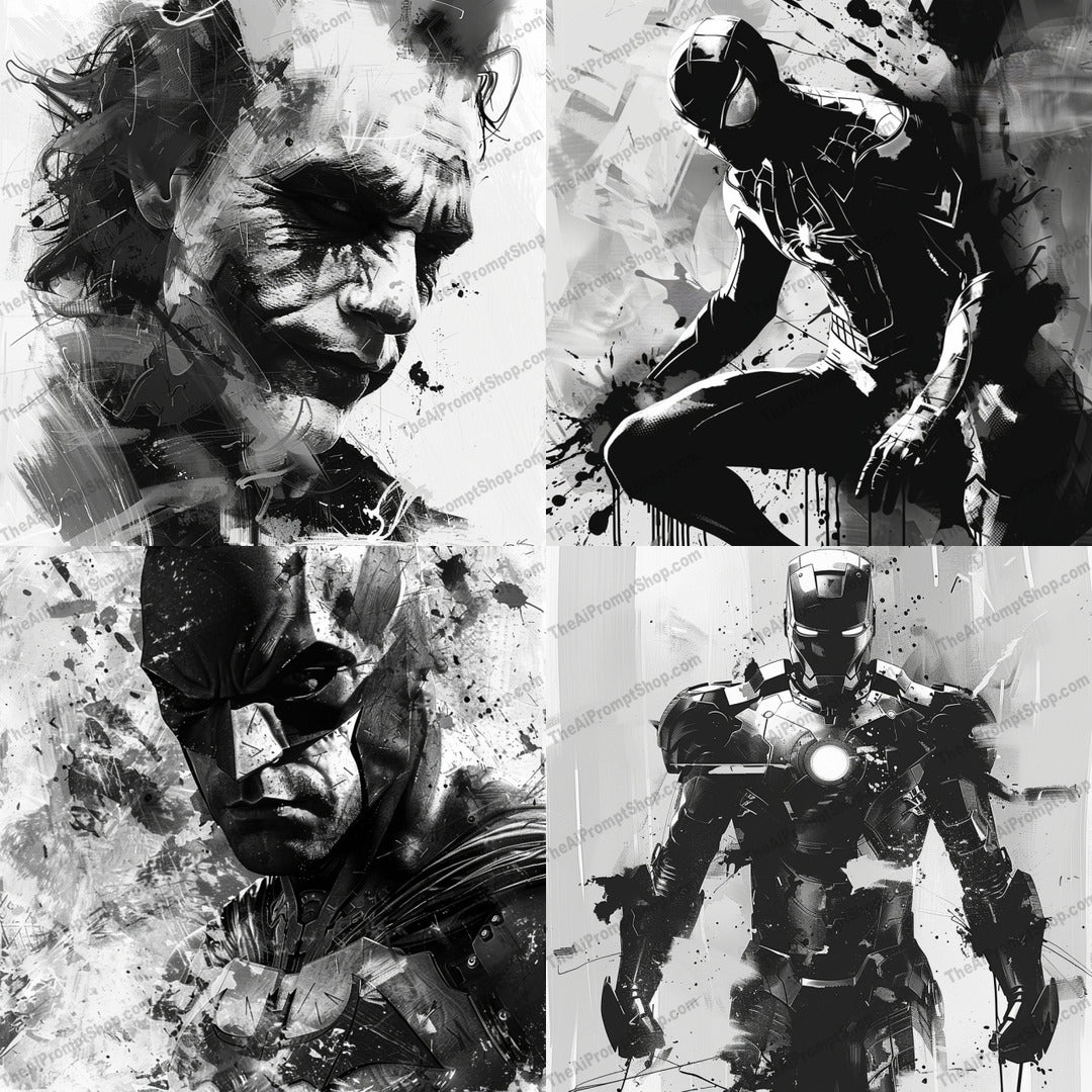 Dynamic Superheroes Art AI MidJourney Image Prompt, 8922 Animation & Cartoons, midjourney, superheroes, black and white, digital art, dynamic, powerful, iconic, intense, monochromatic, ink splatter, strength, determination, gritty, action-packed, visual, batman, spiderman, ironman, heroic, vivid, bold, Midjourney, Ai, Ai Image Prompt, Image Prompt, Prompt