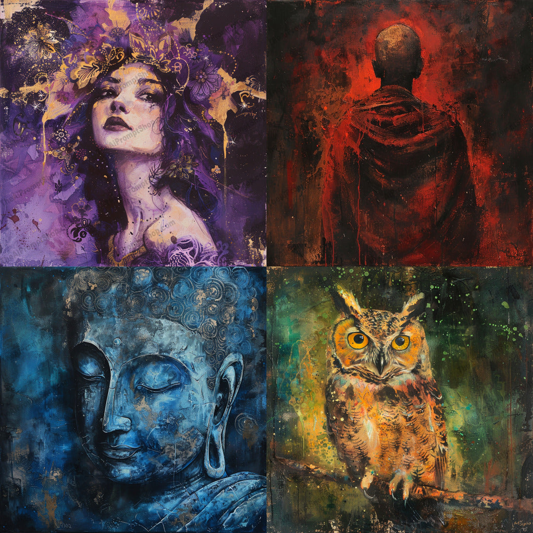 Abstract Mixed Media Art AI MidJourney Image Prompt, 9665 Character Art, midjourney, mixed media, abstract art, vibrant colors, mystical, creative, intricate details, modern art, female figure, Buddha, owl, monk, conceptual art, expressive, deep colors, artistic expression, decorative, fine art, wall art, contemporary art, Midjourney, Ai, Ai Image Prompt, Image Prompt, Prompt