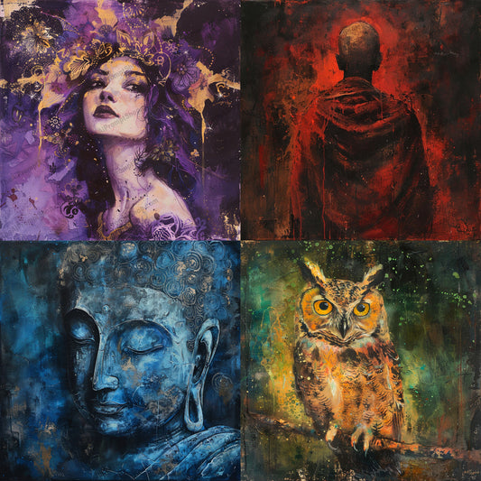Abstract Mixed Media Art AI MidJourney Image Prompt, 9665 Character Art, midjourney, mixed media, abstract art, vibrant colors, mystical, creative, intricate details, modern art, female figure, Buddha, owl, monk, conceptual art, expressive, deep colors, artistic expression, decorative, fine art, wall art, contemporary art, Midjourney, Ai, Ai Image Prompt, Image Prompt, Prompt